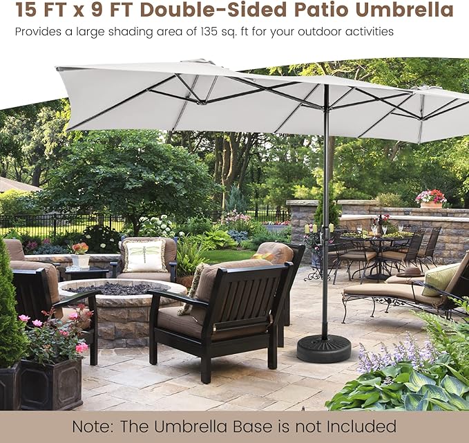 Tangkula 15 FT Double-Sided Patio Umbrella with Crank Handle, Vented Tops, Large Outdoor Rectangle Market Twin Umbrella with 10-Rib Metal Structure, Table Umbrella for Poolside Deck Lawn Garden