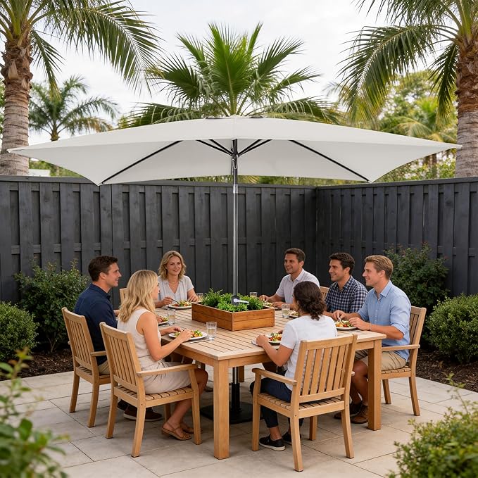 HASLE OUTFITTERS Rectangular Patio Umbrella, 6.5 x 10 ft Rectangle Table Umbrellas w/Heavy Duty Ribs, Effortless Crank and Push Button Tilt, Wind Resistant Sun Umbrella for Outdoor Patio, White