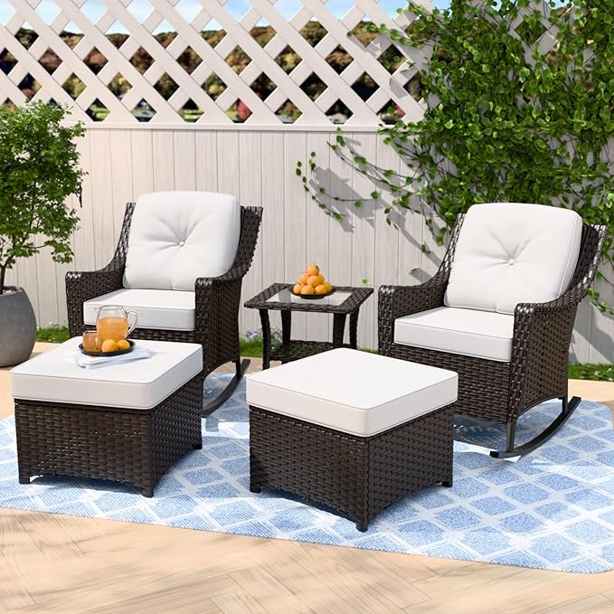Stone Creek Outdoor Furniture Set with Rocking Chairs, Side Table & Ottomans, Wicker Patio Conversation Set, Balcony Furniture, 5 Piece, Brown/Beige