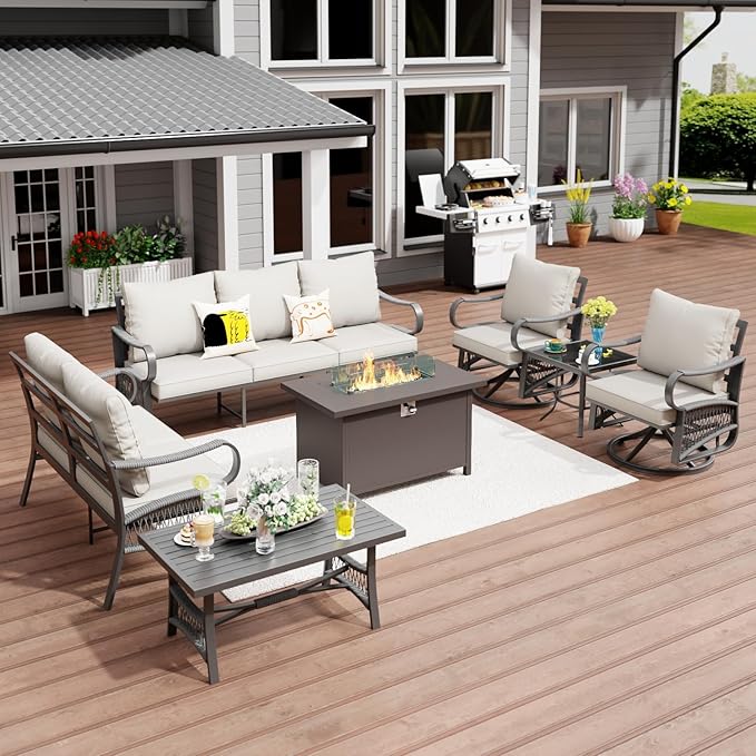 7 Piece Patio Furniture Set, All Weather Metal Outdoor Conversation Set with 50000 BTU Propane Fire Pit Table, 3 Seat Sofa, 2 Swivel Chairs and 5" Cushions for Garden, Porch, Lawn, Beige