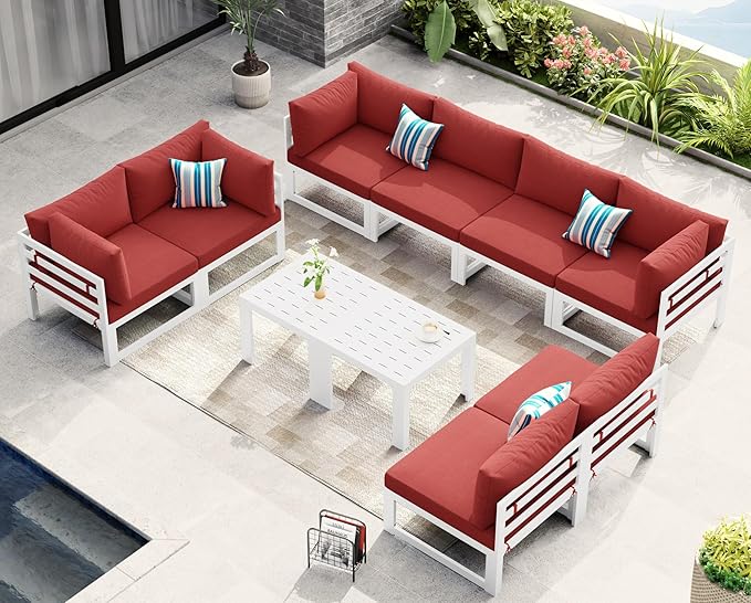 NICESOUL 10 Piece Modern Aluminum Patio Furniture Set, 500 lbs Heavy Duty Durable Outdoor Sectional Sofa, 29" Deep Wide Oversized Seating, L Shaped Comfortable Conversation Couch for Outside Deck, Red