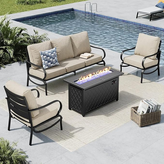 MFSTUDIO 4 Pieces Patio Conversation Sets, All Weather Metal Frame Outdoor Furniture Set Patio Sofas with 1 x 45 Rectangular Propane Fire Table, 1 x 3-Seat Sofa, 2 x Sofa Chairs, Beige Cushion
