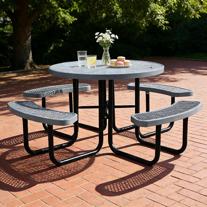 46" Round Picnic Tables for Outdoors,Commercial Metal Picnic Table Bench Set W/ Umbrella Hole,Restaurant School Canteen Tables W/Seats - Heavy Duty Sturdy Picnic Tables for Patio Garden Coffee Shop