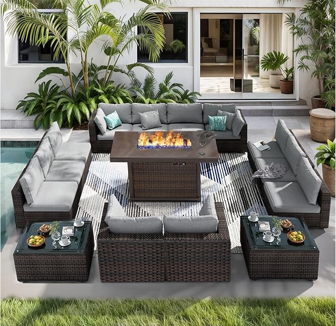 Patio Furniture Set 15 Pieces with 44" Fire Pit Table, Rattan Outdoor Sectional Conversation Sets, All Weather Outdoor Furniture Set with Cushions for Garden Lawn Balcony Porch Deck Grey