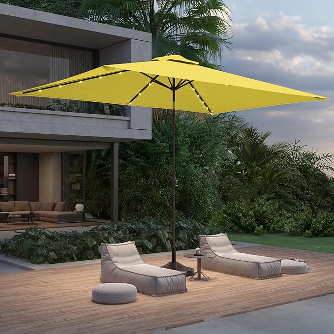 Rectangle Patio Umbrella with Solar Lights, 10 x 6.5ft Rectangular Outdoor Umbrella Table Market Patio Umbrella with Push Button Tilt and Crank for Garden, Deck, Backyard, Pool