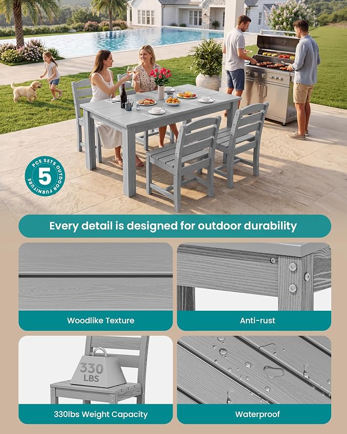 SERWALL 59" Armless Outdoor Dining Set for 4, Light Gray | Include 1 Rectangular Dining Table and 4 Armless Chairs, All Weather Dining Sets for Garden, Backyard