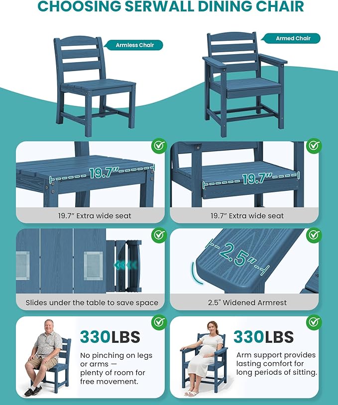 SERWALL 59" HDPE Outdoor Dining Set for 6, w/ 1 Table & 6 Chairs, Blue | Armless Patio Dining Sets for All Weather Use