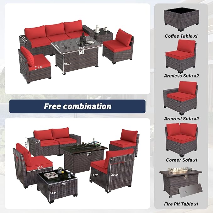 Patio Furniture Sectional Sofa Set 7-Pieces PE Rattan Patio Conversation Set w/43in Gas Fire Pit Table, Outdoor Furniture with 55000 BTU Propane Fire Pit, Red