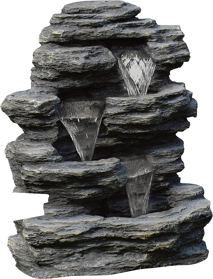 Outdoor Water Fountain With Cascading Waterfall, Natural Looking Stone and Soothing Sound for Decor on Lawn, Garden, and Patio By Pure Garden,Brown, 18.3x12.3