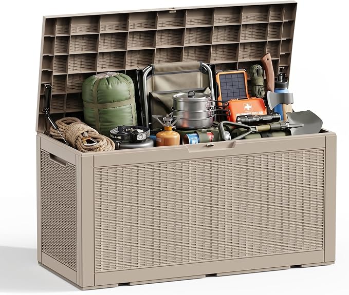 Waterproof Outdoor Storage Box Outside Deck Box Lockable Resin Bench UV Resistant Furniture Cushion Pool Tool Float Bin Patio Garden Porch (Grey, 120 Gallon)