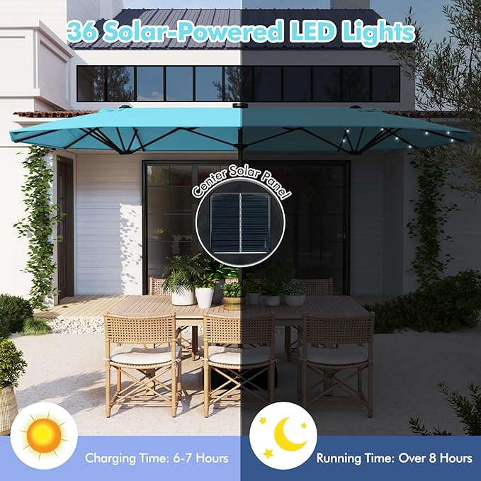 HAPPYGRILL Double-Sided Patio Umbrella with Solar Lights, 13FT Large Umbrella with Base Included, Crank Handle, Market Twin Table Umbrella for Outdoor Backyard Garden Poolside