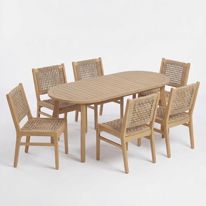 Christopher Knight Home Chuse Acacia Wood Dining Table Set for 6, Solid Wood Outdoor Dining Set for 6, 7 Piece Oval Patio Dining Table and Chair Set with Wicker Seat & Back, Light Brown + Light Teak