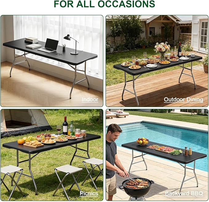 6FT Black Folding Table for Outdoor, 6 Foot Picnic Tables No Assembly Required Portable, Black Foldable Table for Camping, Parties, Meeting, Events, Wedding, BBQ, with Carrying Handle