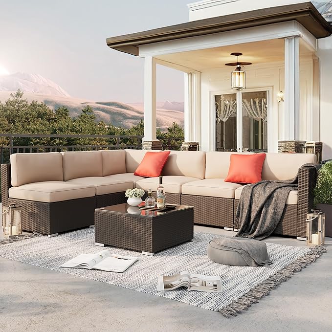 SUNCROWN 7-Piece Outdoor Patio Furniture Sofa Set All-Weather Wicker Sectional Conversation Set with Modern Glass Coffee Table and Cushions, Backyard, Garden, Light Brown