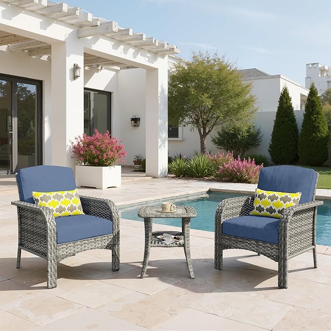 3 PCS Outdoor Patio Furniture Set with Side Table, All-Weather Rattan Wicker Outdoor Conversation Set with Thickened Cushions for Balcony Backyard Garden Lawn,Blue