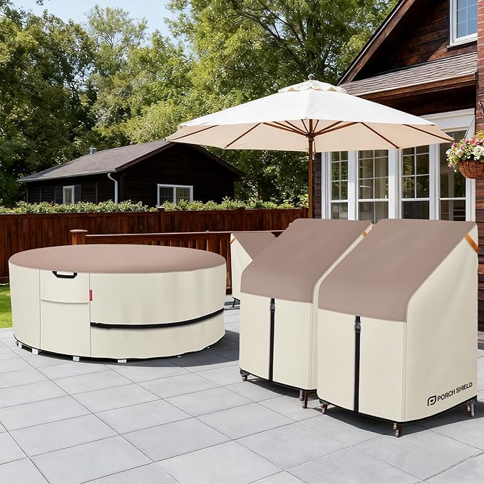 Porch Shield Patio Stackable Chair Covers - Waterproof Outdoor Stack of Chair Cover 2 Pack - 27W x 33D x 46H inch, Light Tan & Khaki
