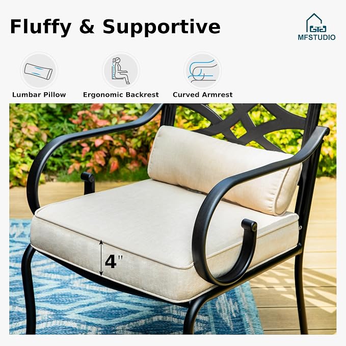 MFSTUDIO 5-Piece Patio Dining Set, 37" Square Metal Table, Fixed Chairs | Umbrella Hole, Seats 4, All-Weather Use