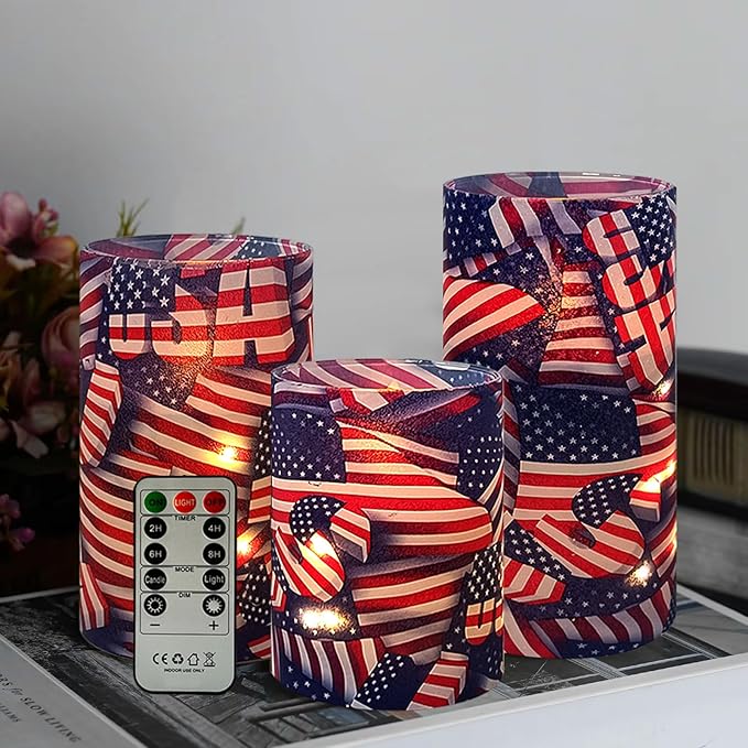 NJAO HOO Patriotic American Flag Flameless LED Battery Operated Pillar Candles with Remote Control and Timer, 4th of July Candles for Home Decor Set of 3