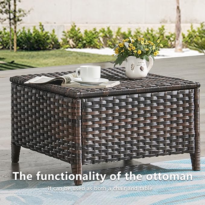 Rilyson Outdoor Ottoman Wicker Patio Ottomans - 2 Piece Footrest Footstools Set Rattan Outdoor Ottomans for Patio with Thick Cushions(Mixed Grey/Blue)