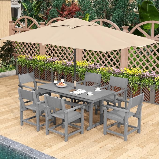 7-Piece HDPE Outdoor Patio Dining Set,Outdoor Table and Chairs,Modern Plastic Dining Sets with Umbrella Hole Cut-Out Table and 6 Chairs Gray