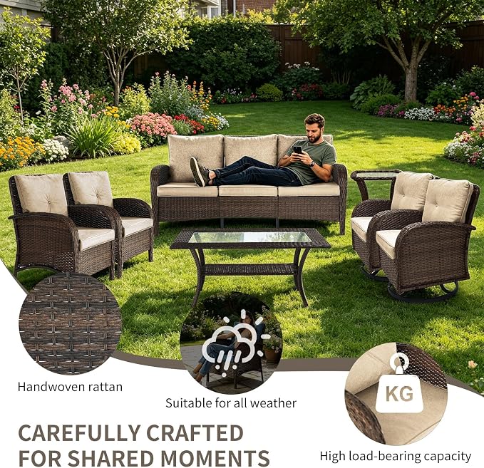 Outdoor Swivel Rocker Patio Chairs (Brown Wicker/Khaki Cushion, 7PC/Sofa & Swivel & Chair &2 Table)