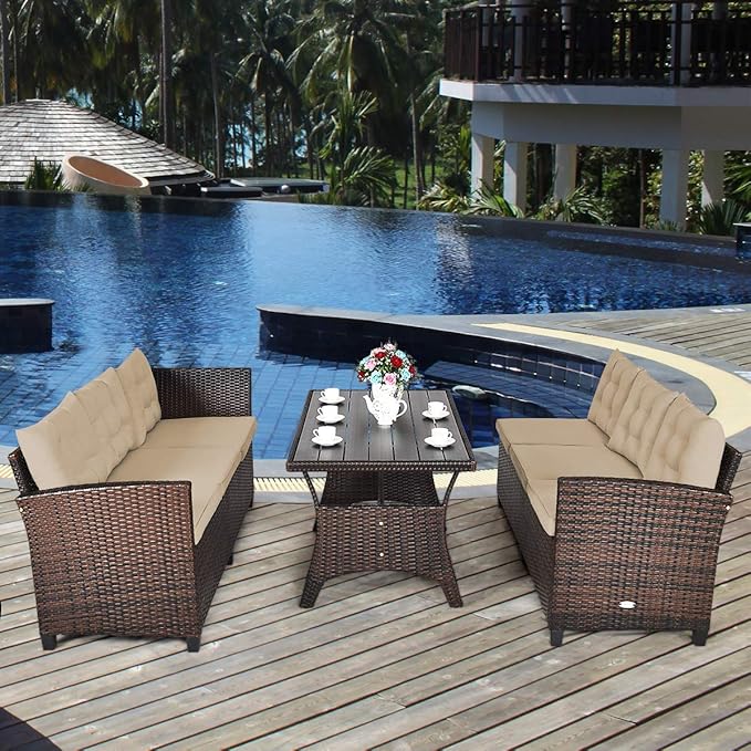 HAPPYGRILL 3 Pieces Wicker Patio Conversation Set, Outdoor Rattan Sofa Set with Cushions, Patio Furniture Set with Coffee Table for Patio Garden Lawn Poolside and Backyard