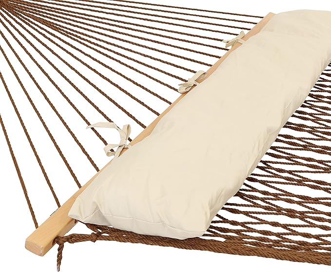 Sunnydaze Double Polyester Rope Hammock with Pillow - 400-Pound Weight Capacity - Brown