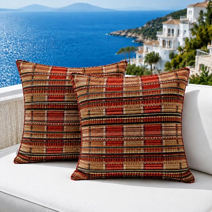 Outdoor Pillow Covers Waterproof Throw Pillow Covers, Set of 2 Jacquard Texture Water Resistant Fade Resistant Decorative Cushion Covers for Garden Patio Bench Couch Sofa, 18x18 Inch (Bohemian Orange)