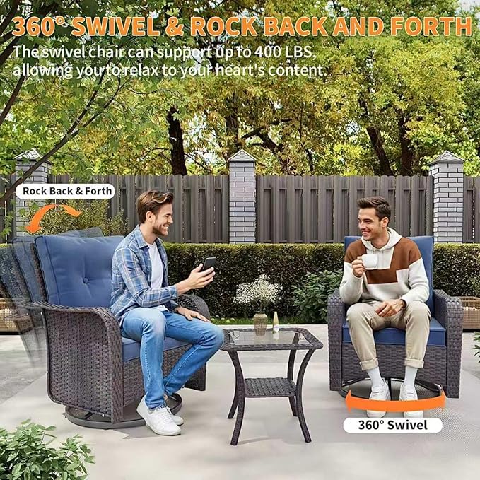Gotland 11 Pieces Patio Furniture Set with Fire Pit Table Swivel Chairs, PE Rattan Outdoor Furniture with 29.5'' High Backrest 4’’ Thick Cushions, Outdoor Sectional for Porch, Deck, Garden, Navy