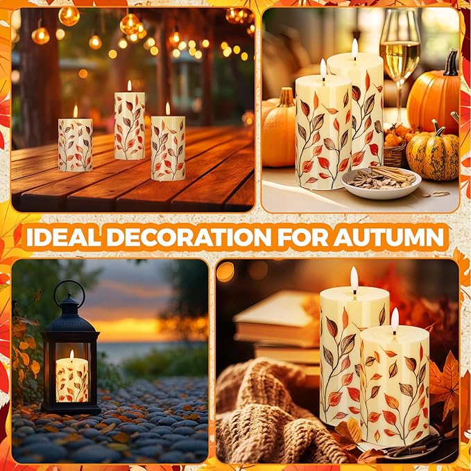 Tuanse 3 Pcs Thanksgiving Fall Flameless Candles Maple Leaf LED Candle Lights Battery Operated Candles Mixed Size Flickering LED Light for Fall Thanksgiving Halloween Harvest(Red Maple Leaf)
