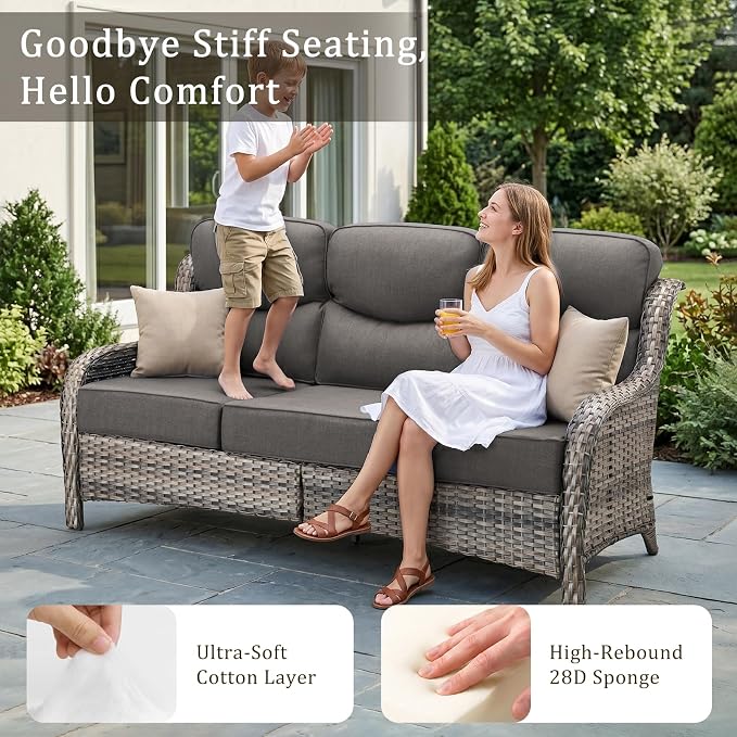 Luxury 6" Thick Cushion 11 Pieces Wicker Patio Furniture Set with 41”Fire Table, Outdoor Conversation Set with Swivel Rocker Chairs Set of 4 and Patio Couch for Deck Porch Yard and Poolside