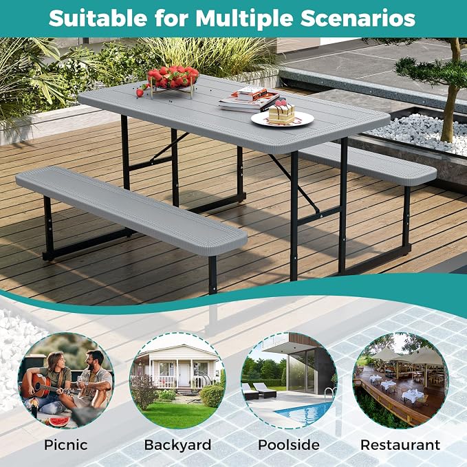 LDAILY Picnic Tables with Benches, Rectangular Dining Table Set for Outside 4 People, HDPE Tabletop, Metal Frame, Umbrella Hole, Heavy Duty Picnic Table for Outdoors, Patio, Lawn, Commercial (Gray)