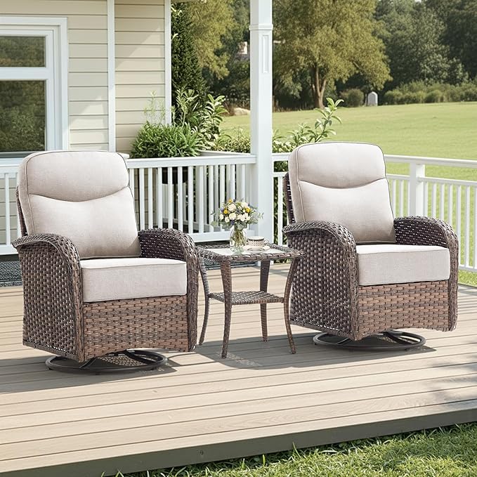 Luxury Wicker Patio Furniture Set with 6-Inch Thick Cushions, 3 Pieces Outdoor Swivel Rocker Patio Chairs Set of 2 with Rattan Side Table, Outdoor Patio Conversation Sets for Garden Deck, Beige