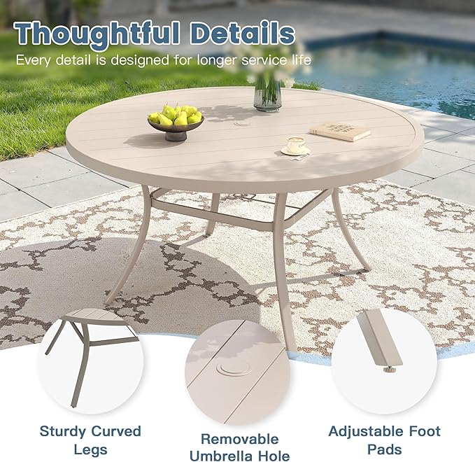 DIFY 7 Pieces Outdoor Patio Dining Set, 6 Sandshell Padded Textilene Swivel Dining Chairs and 53" Sandshell Round Metal Dining Table, Outdoor Table and Chairs for Poolside Backyard Deck