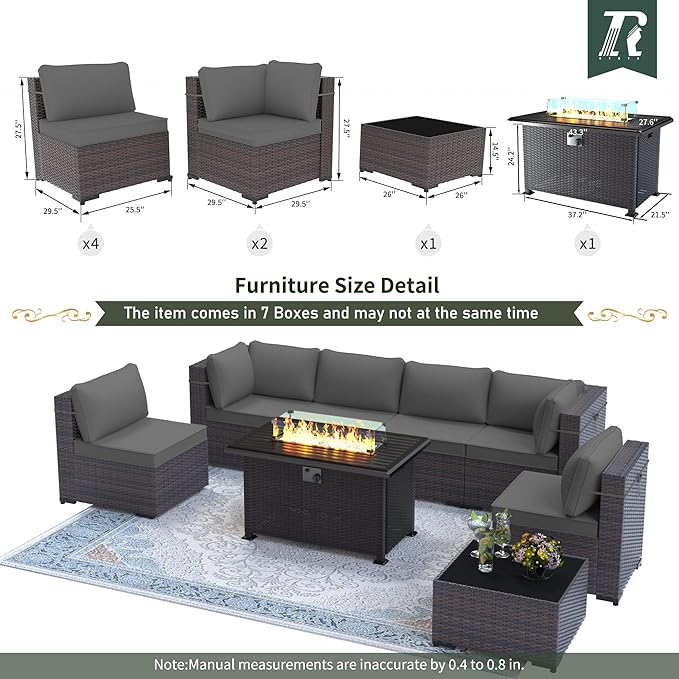 8 Pieces Outdoor Patio Furniture Set,Outdoor Sectional Furniture with 43" 55000 BTU Gas Propane Fire Pit Table,All Weather PE Rattan Wicker Patio Conversation Set,Grey