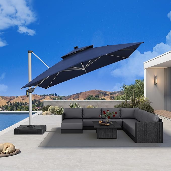 PURPLE LEAF 11' X 11' Solar Powered LED Patio Large Umbrella Offset Double Top Hanging Umbrella Outdoor Market Umbrella for Garden