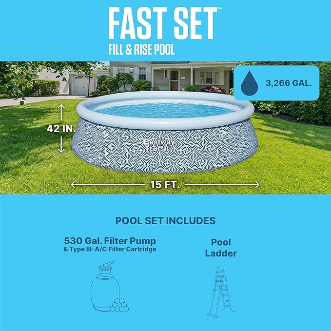 Bestway Fast Set 15' x 42" Above Ground Pool, Round Inflatable Ring Top Outdoor Swimming Pool Set with Filter Pump & Type III A/C Cartridge
