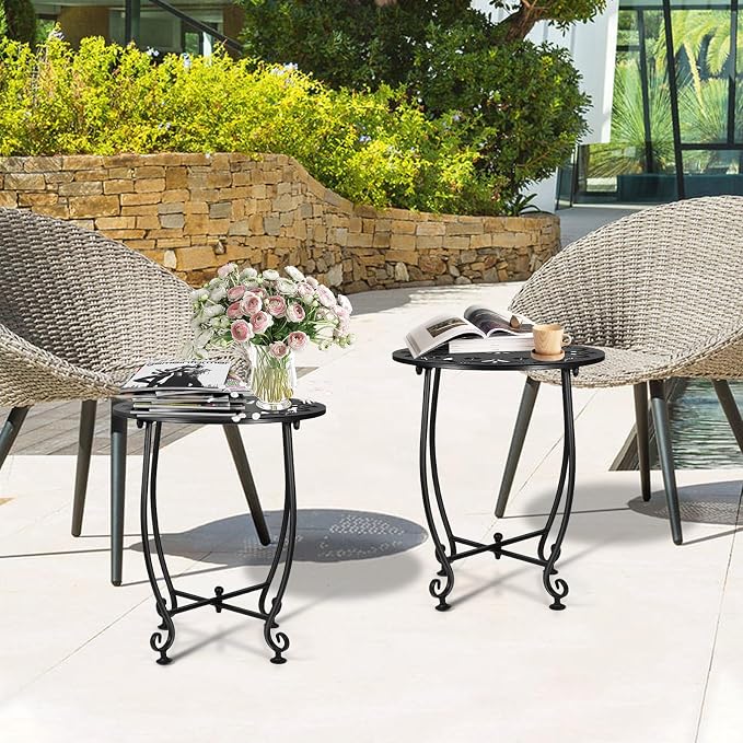 2 Pack Small Outdoor Side Tables for Patio, 14 Inch Metal Patio Side Table, Weather Resistant Steel Outdoor Round End Table for Patio Porch Garden Yard Balcony, Black (Flower)