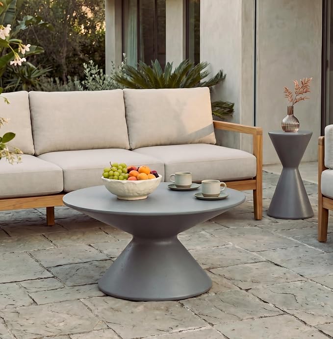 Christopher Knight Home Nowin Lightweight Concrete Outdoor Side Table Set of 2, Patio Round Coffee Table Set with Small Plant Stand, Hourglass-Shaped 2 Outdoor Table for Garden/Backyard, Gray