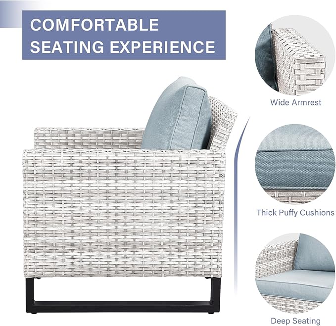 Rilyson Wicker Outdoor Patio Chairs Set of 2-2 Piece Rattan Chairs with Waterproof Wicker,Comfortable Cushions and Sturdy Metal Frame for Outside Porch Deck Backyard(Light Grey/Sky Blue)