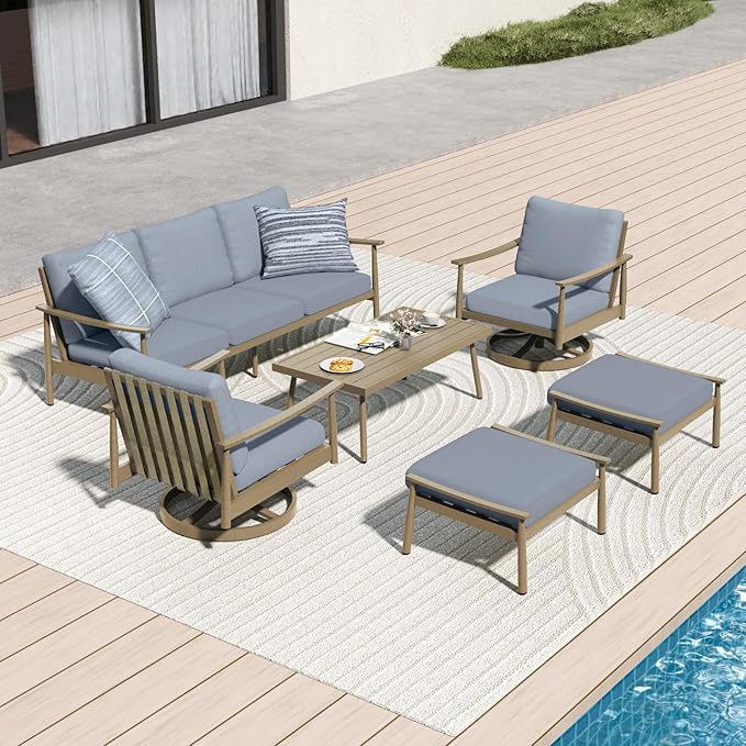 6 Pieces Aluminum Outdoor Patio Furniture Sets with Coffee Table, Cushioned 3-Seat Sofa Couch and Swivel Chairs with Ottomans, All-Weather Conversation Set for Yard Proch Deck, Blue & Brown