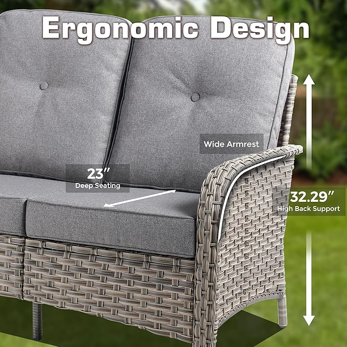 5-Piece Outdoor Patio Furniture Set,All Weather Wicker Rattan Patio Seating Sofa and Chair Set with Ottomans,Outdoor Conversation Sets with 3 Seater Couch for Porch Deck Yard,Grey
