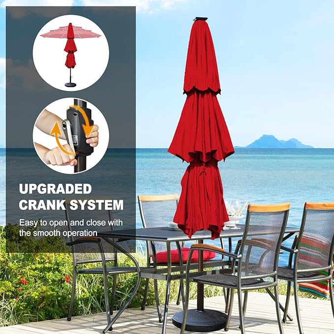 Eurmax USA 10-Year-Non-Fading 10FT 3-Tier Outdoor Patio Market Umbrella with LED Lights,UPF50+ UV Resistant,Commercial Grade,Crank Lift Design,Windproof Vented Top for Garden,Pool,Deck,Logo Red