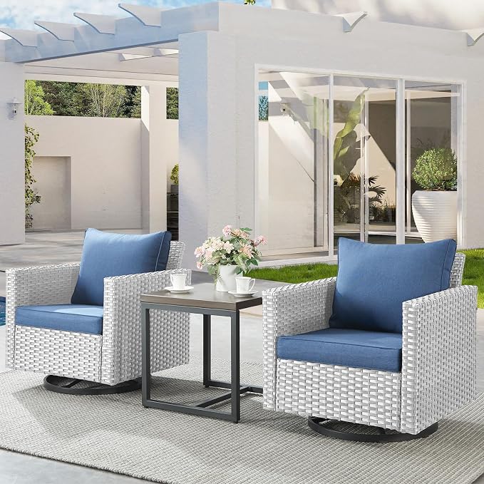 Belord Outdoor Bistro Set 3 Piece Wicker Swivel Rocker Patio Chairs, Oversize Outdoor Rattan Seating Set, Patio Swivel Glider Chairs Wicker Furniture with Metal Side Table for Porch Backyard