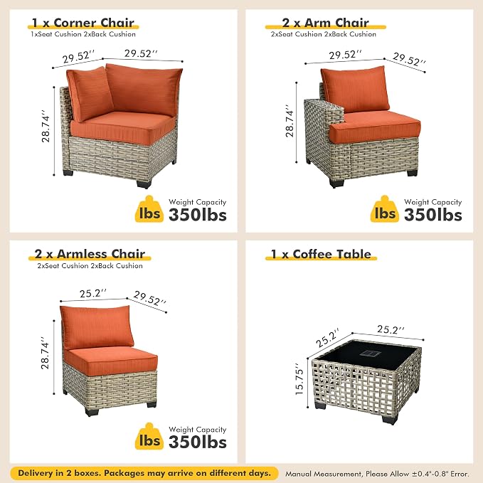 6 Pcs Outdoor Sectional Patio Furniture Set - All Weather Wicker Modular L Shaped Outside Sectional Sofa Couch,Patio Seating Outdoor Conversation Sets for Deck Yard Garden,Orange Red