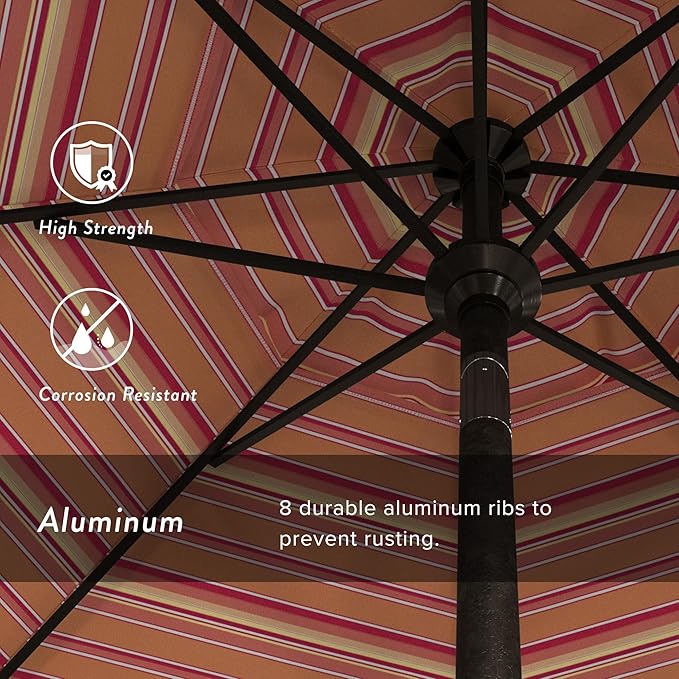 California Umbrella 9' Round Aluminum Market Umbrella, Crank Lift, Push Button Tilt, Bronze Pole