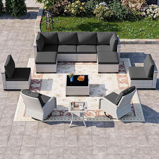 12-Piece Patio Furniture Set, Outdoor Patio Furniture with Swivel Chairs Set, Ottomans, Modular Patio Sofa, Dual-Strand Wicker Rattan, Rust-Resistant Frame, Black