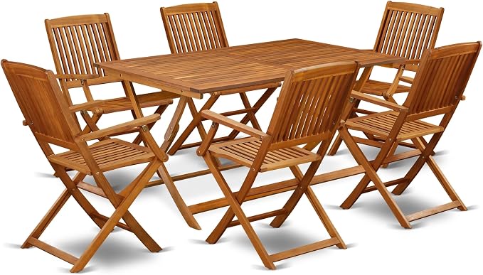 East West Furniture AECM7CANA 7 Piece Patio Bistro Dining Furniture Set Consist of a Rectangle Outdoor Acacia Wood Table and 6 Folding Arm Chairs, 36x60 Inch, Natural Oil