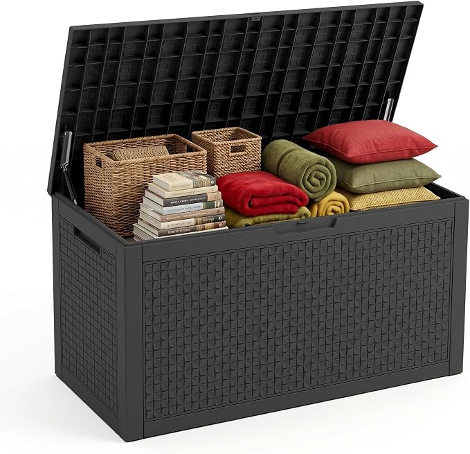 140 Gallon Outdoor Storage Box, Large Resin Deck Box, Waterproof Lockable Storage Container, Storage Bins with Lids for Patio furniture, Garden Tools, Black