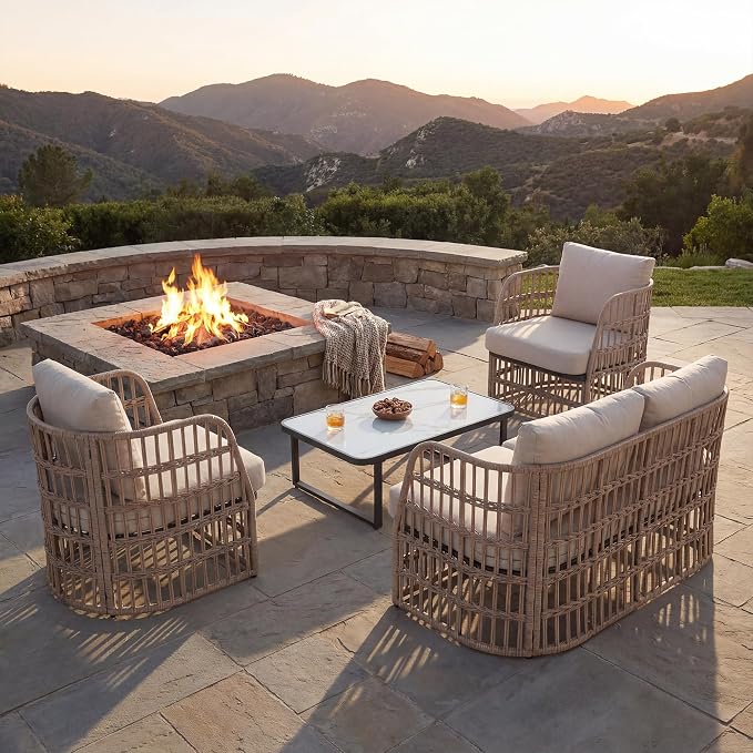 4 Piece Patio Conversation Set, Modular Outdoor Sectional Furniture Set for 4, Rattan Patio Sofa Couch with Cushions, Modern Patio Furniture Set with Coffee Table for Deck/Balcony/Porch, Beige